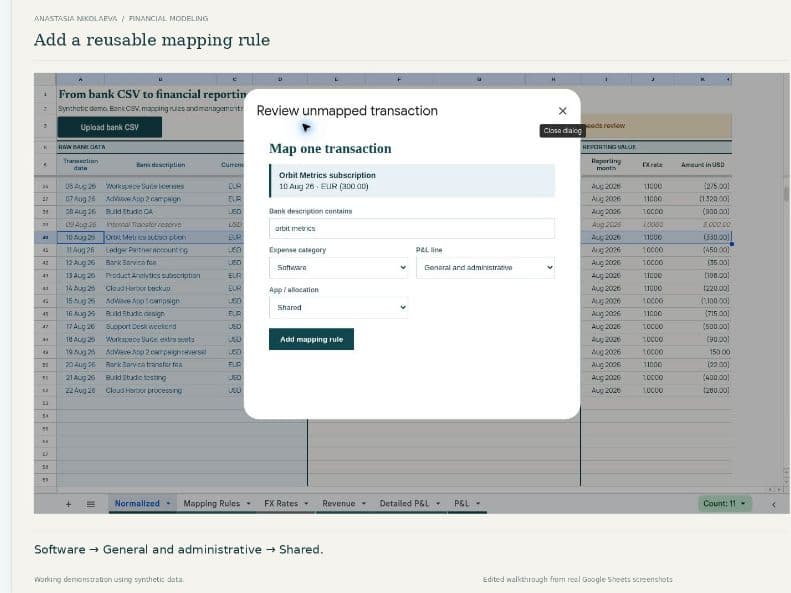 Designed walkthrough frame showing a reusable mapping rule for an unmatched transaction